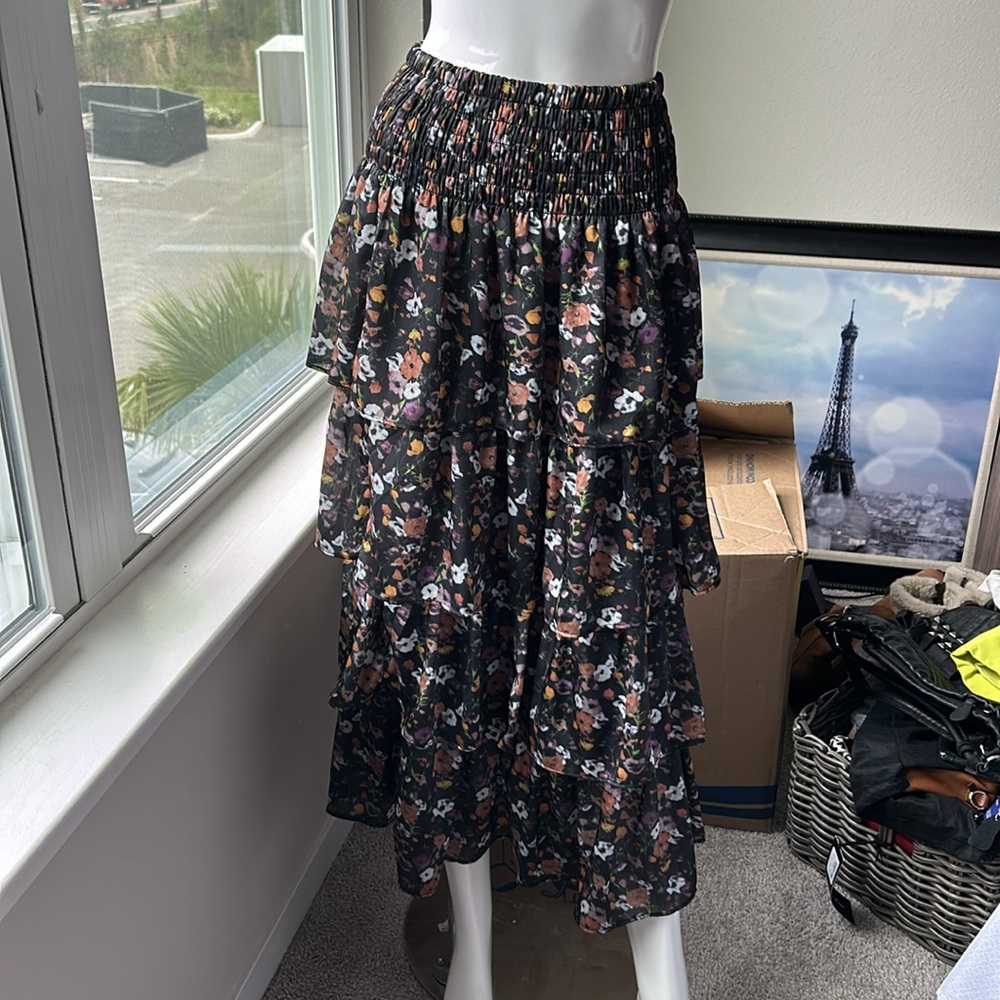 Tiered Black Floral Maxi Skirt